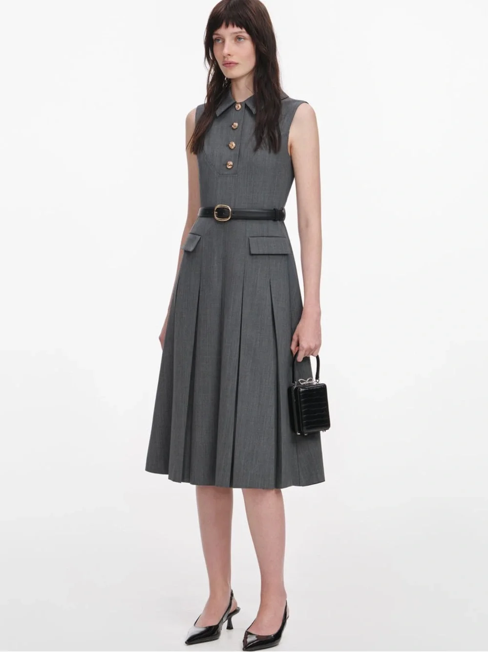 NWOT Self-Portrait GREY TAILORED PLEATED MIDI DRESS - Picture 5 of 12
